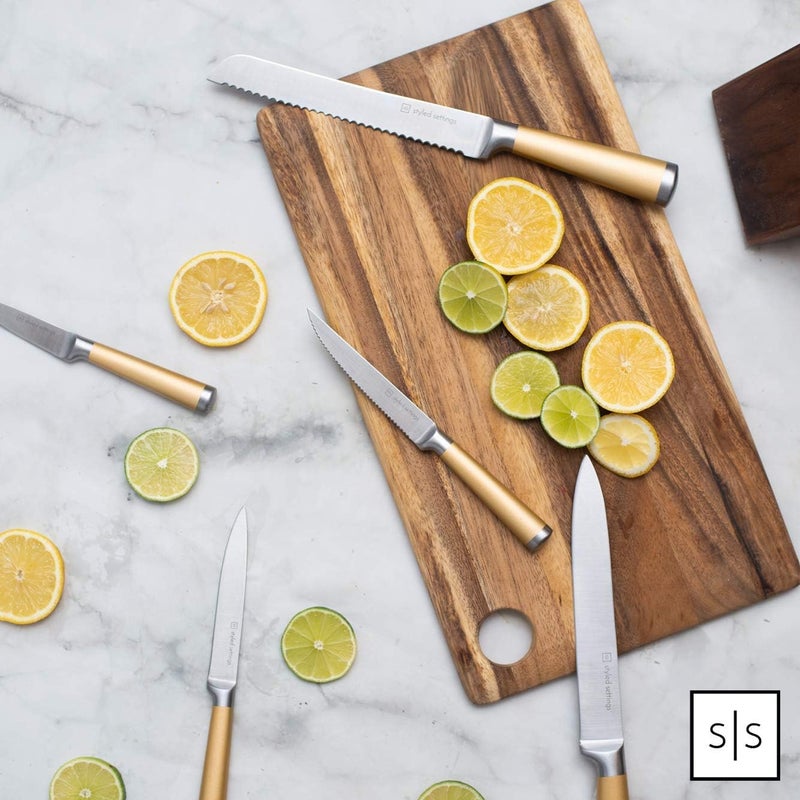 styled settings Gold Knife Set with Walnut Block â€“ 13-Piece Full Tang Stainless Steel Kitchen Knives â€“ Durable Gold Kitchen Accessories for Cooking and Food Prep - Image 3